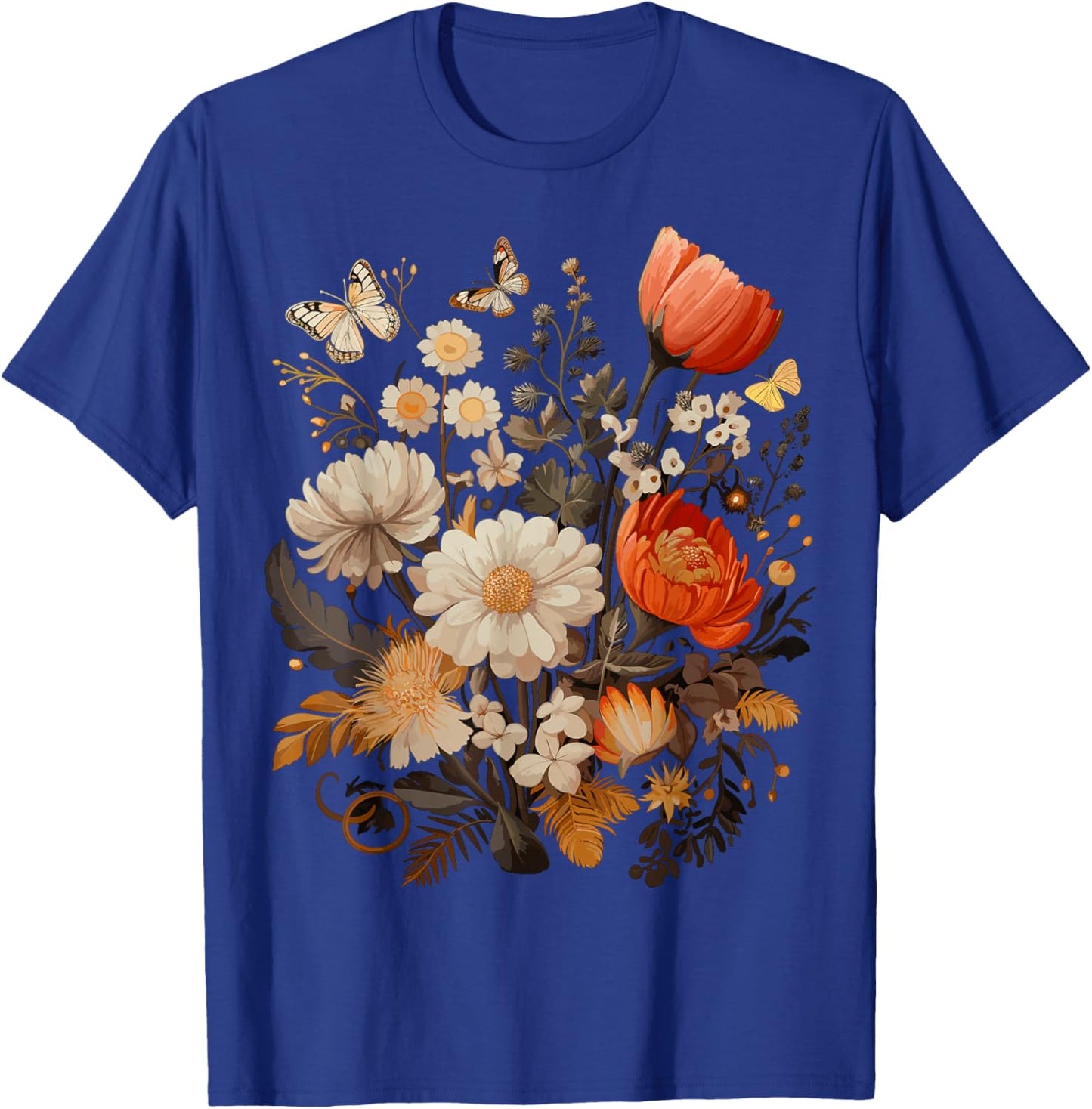 Vintage Pressed Flowers Butterflies Floral Boho Wildflowers T-Shirt - T-Shirt | Royal