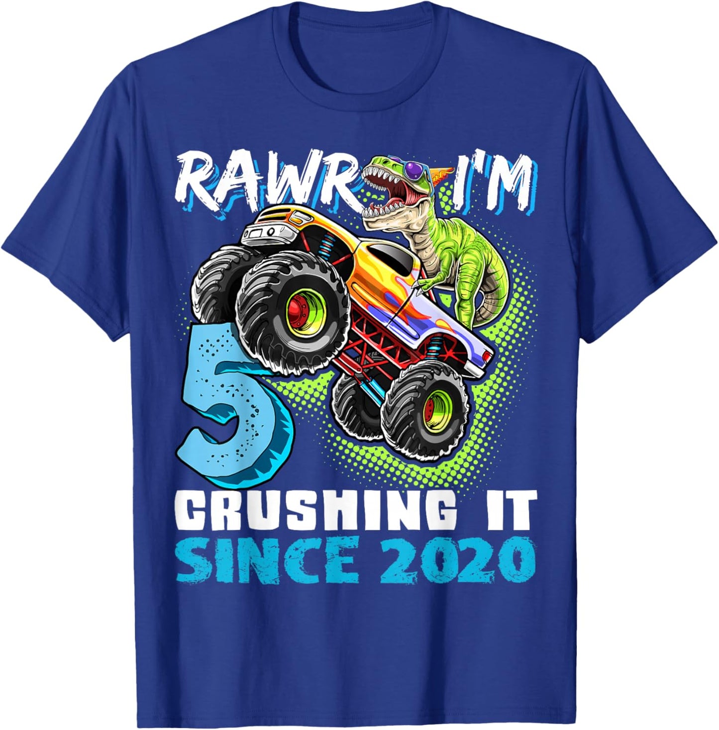 5th Birthday Monster Truck Dinosaur Party Boys Rawr I'm 5 T-Shirt - T-Shirt | Royal