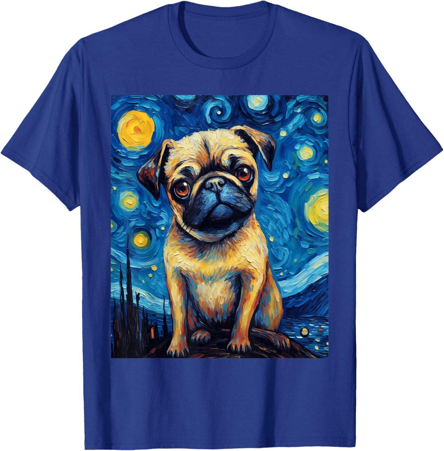 Starry Night Pug Dog Van Gogh Sky Painting Art Pug Lovers T-Shirt - T-Shirt | Royal