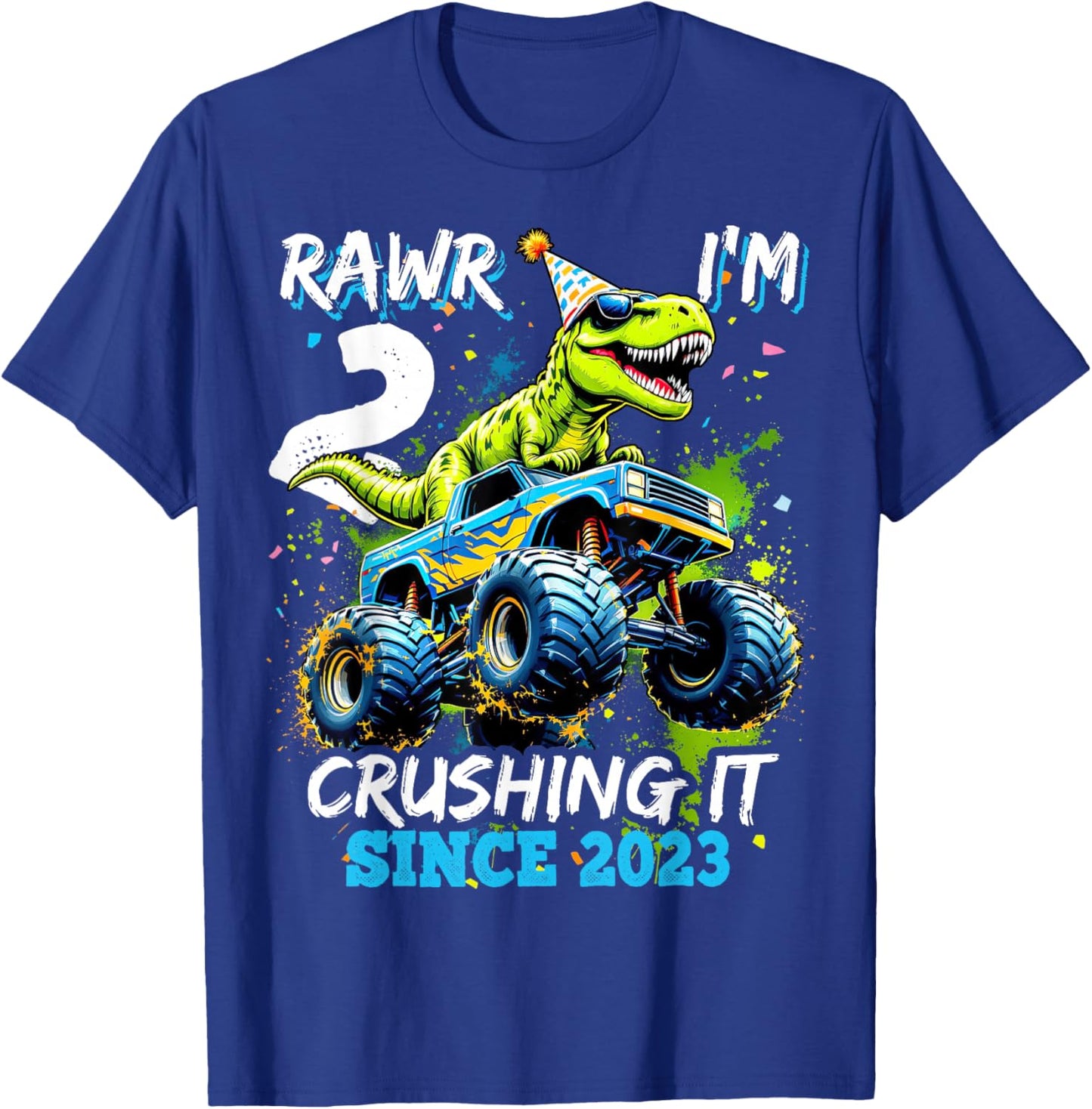 2nd Birthday Monster Truck Dinosaur Party Boys Rawr I'm 2 T-Shirt - T-Shirt | Royal