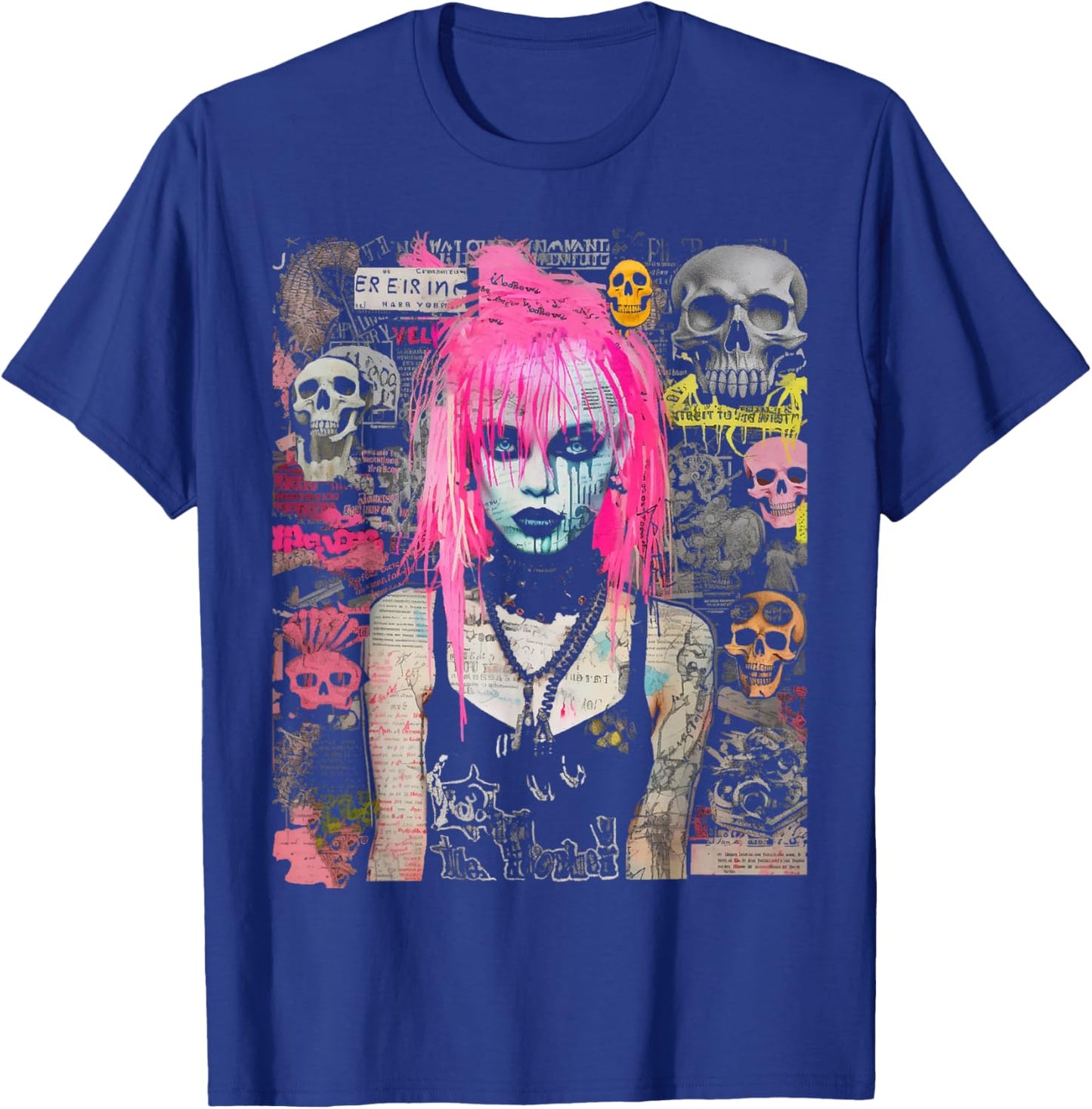 Pink Hair Punk Goth Witch With Skull Collage Background T-Shirt - T-Shirt | Royal
