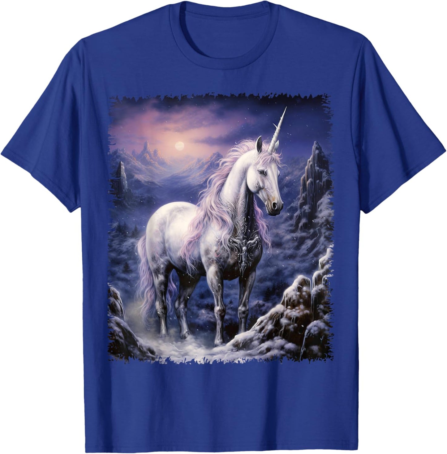 Fantasy white Unicorn standing in the snowy forest T-Shirt - T-Shirt | Royal