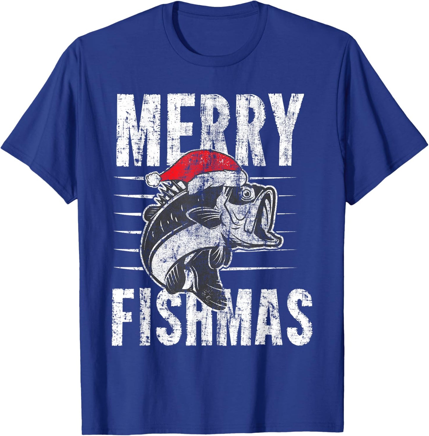 Merry Fishmas Funny Christmas Fishing Distressed Gift T-Shirt - T-Shirt | Royal