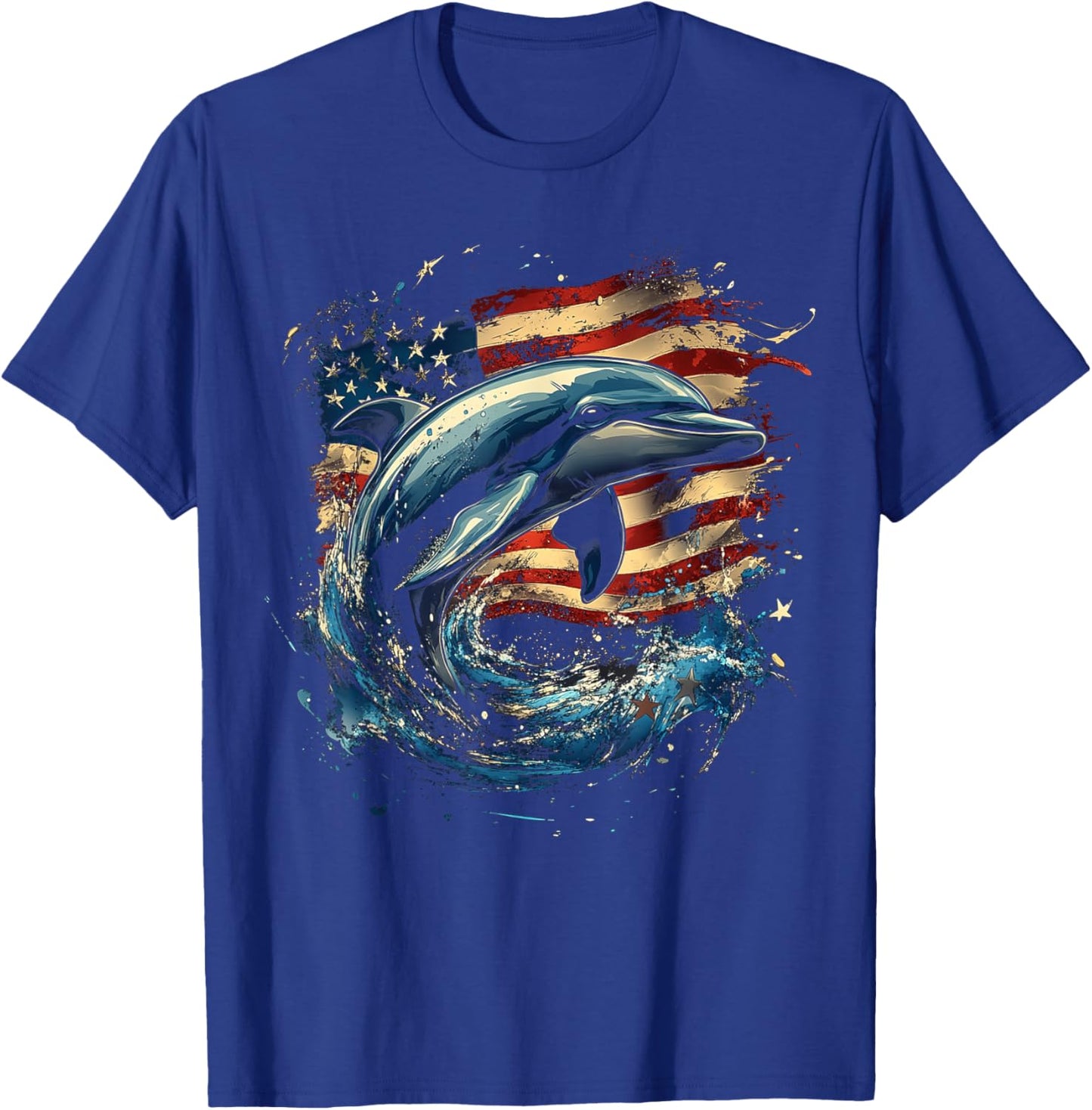 Patriotic Dolphin with American Flag Design T-Shirt - T-Shirt | Royal