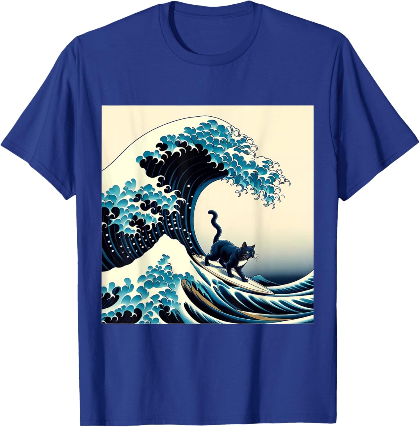 Black Cat With Surf Surfing The Great Wave Men Women Kids T-Shirt - T-Shirt | Royal