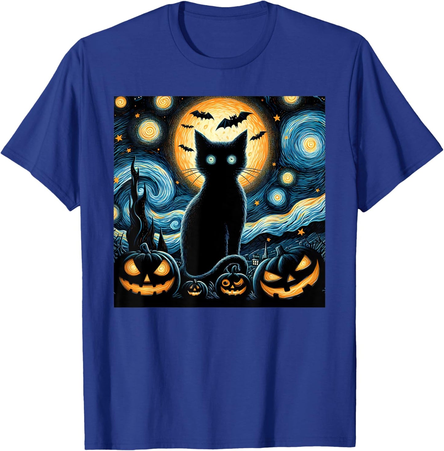 Halloween Starry Night Black Cat Van Gogh Halloween Cat Women Kids T-Shirt - T-Shirt | Royal