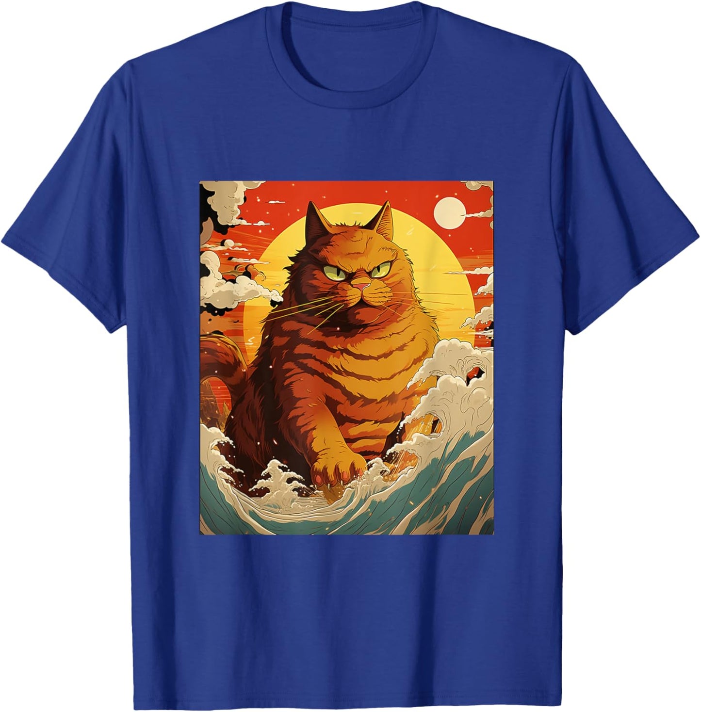 Catzilla Vintage Funny Cute Cat Art Japanese Sunset Waves Women T-Shirt - T-Shirt | Royal