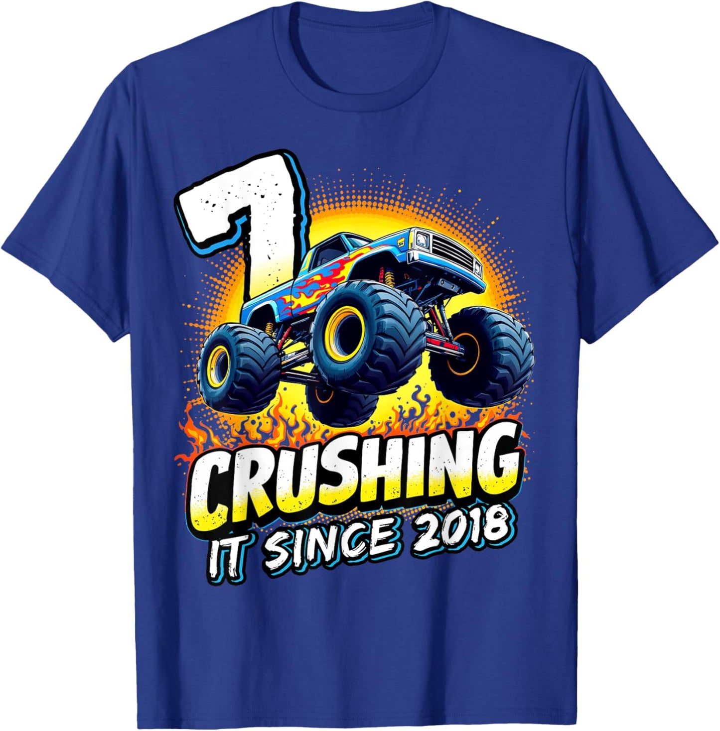 Birthday Monster Truck 7 year Old Boys 7th Party Born 2018 T-Shirt - T-Shirt | Royal