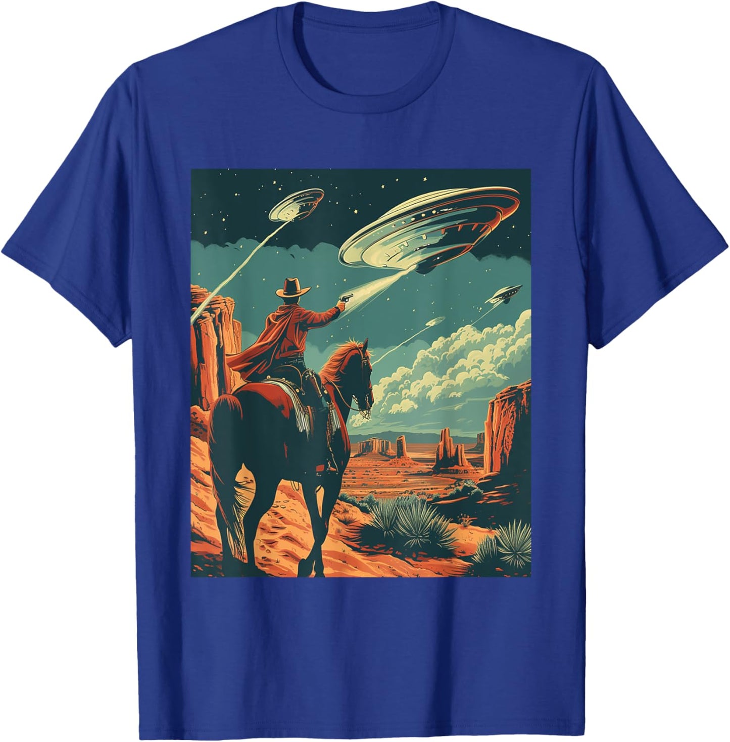 Retro Desert Cowboy Riding Horse Shooting At Space UFO Art T-Shirt - T-Shirt | Royal