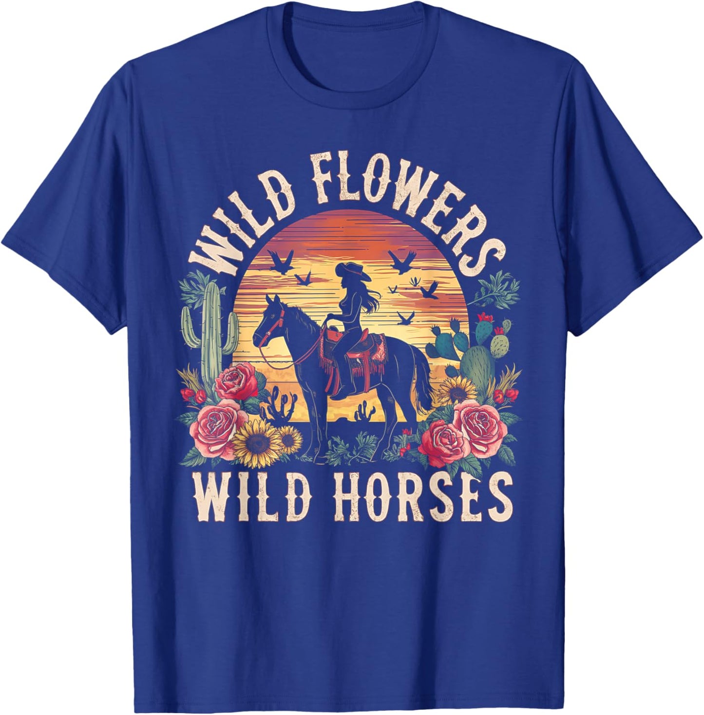 Retro Southern Sunset Cowgirl Wild Flowers Wild Horses T-Shirt - T-Shirt | Royal