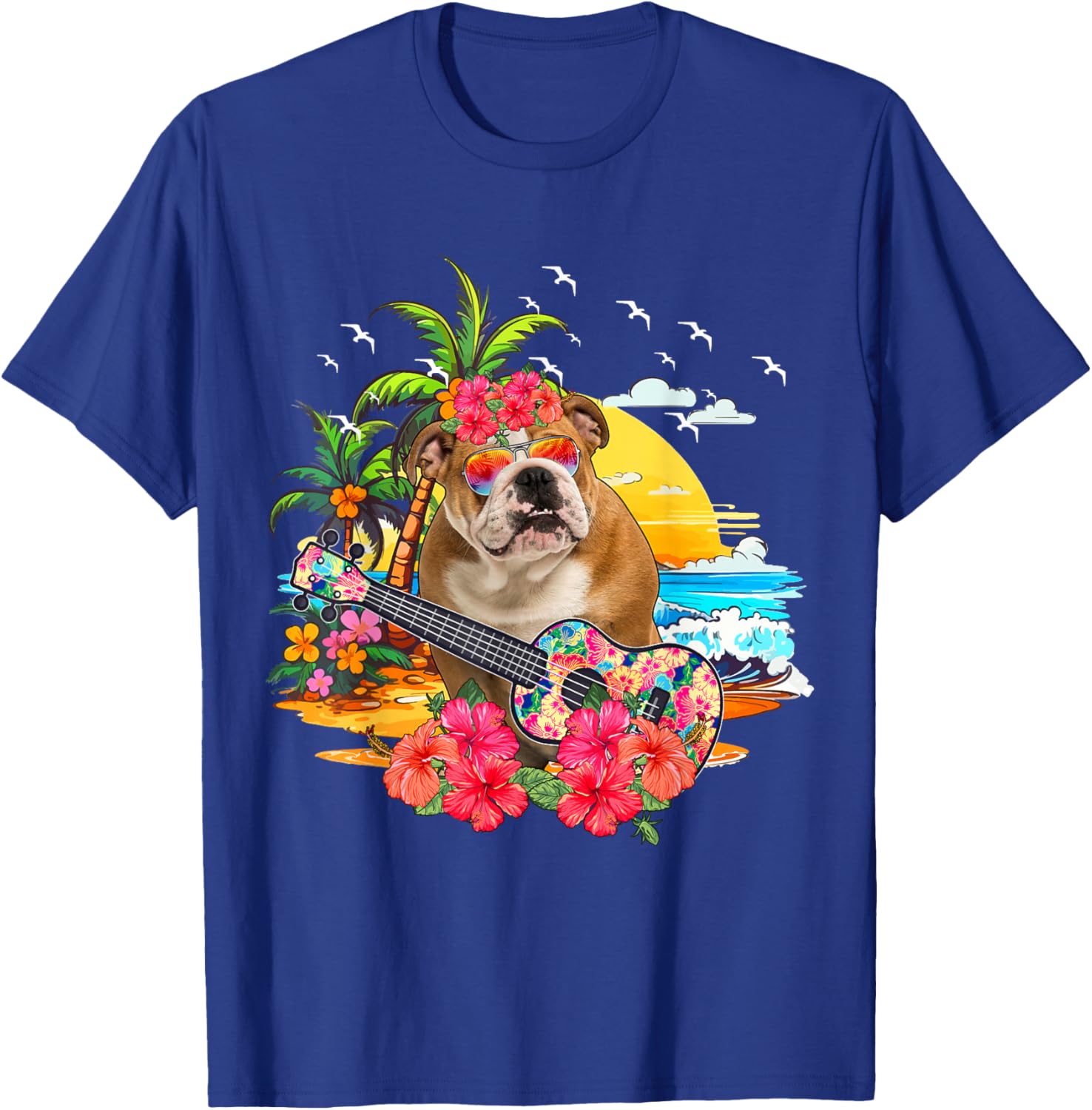 Hawaiian Floral Bulldog Sunglasses Playing Guitar On Beach T-Shirt - T-Shirt | Royal