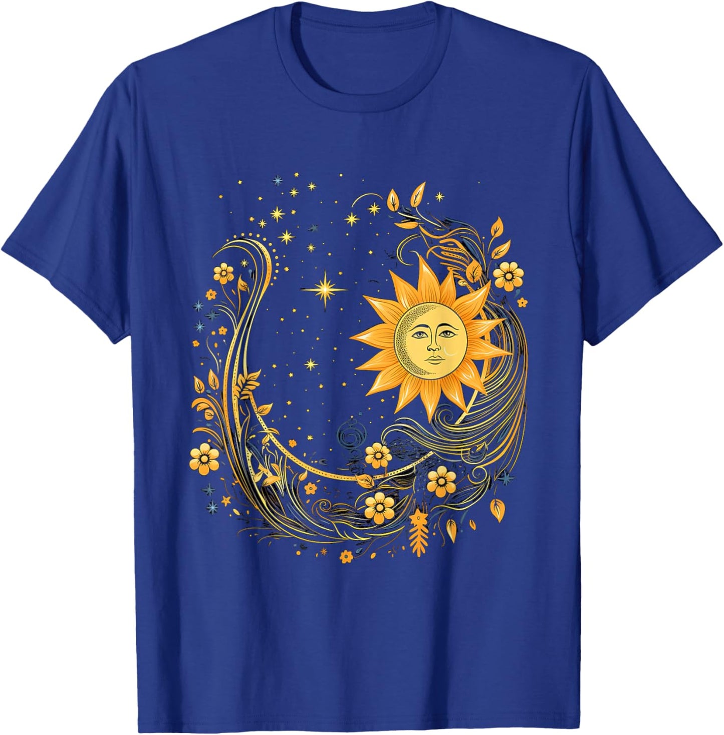 Mystical Sun and Moon with Woman Mystical Flowers Aesthetic T-Shirt - T-Shirt | Royal