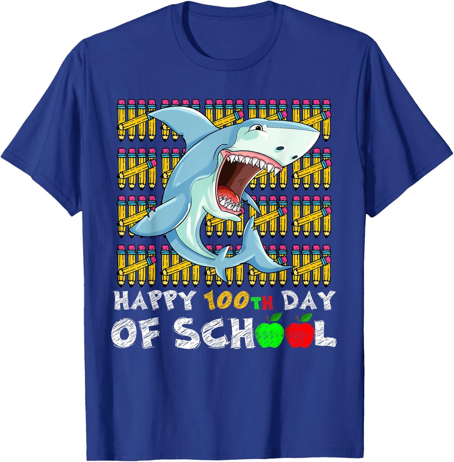 Happy 100th Day Of School Shark Funny Teacher Student Kids T-Shirt - T-Shirt | Royal