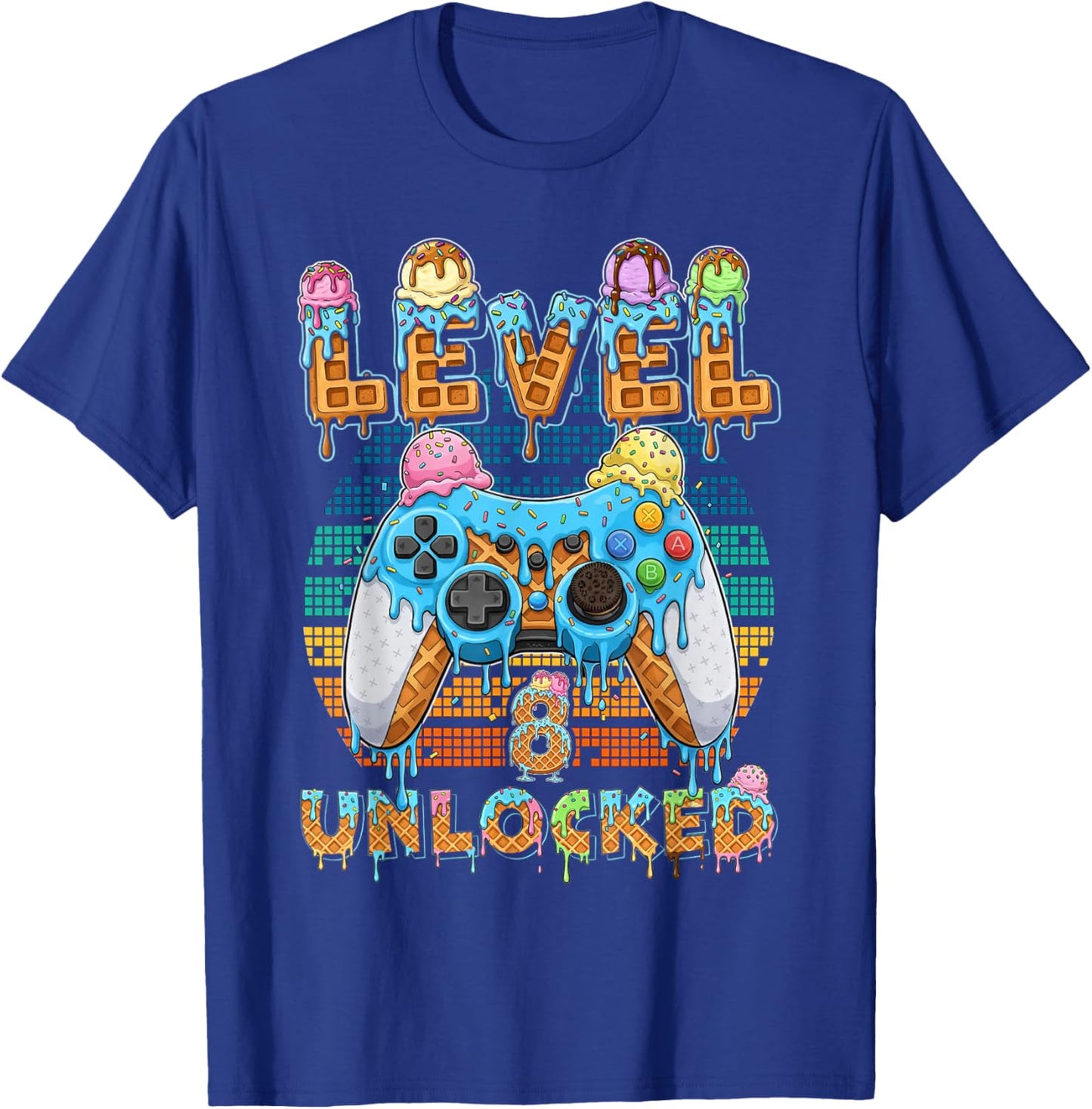 Level 8 Unlocked Gamer Birthday Ice Cream Retro Arcade T-Shirt - T-Shirt | Royal