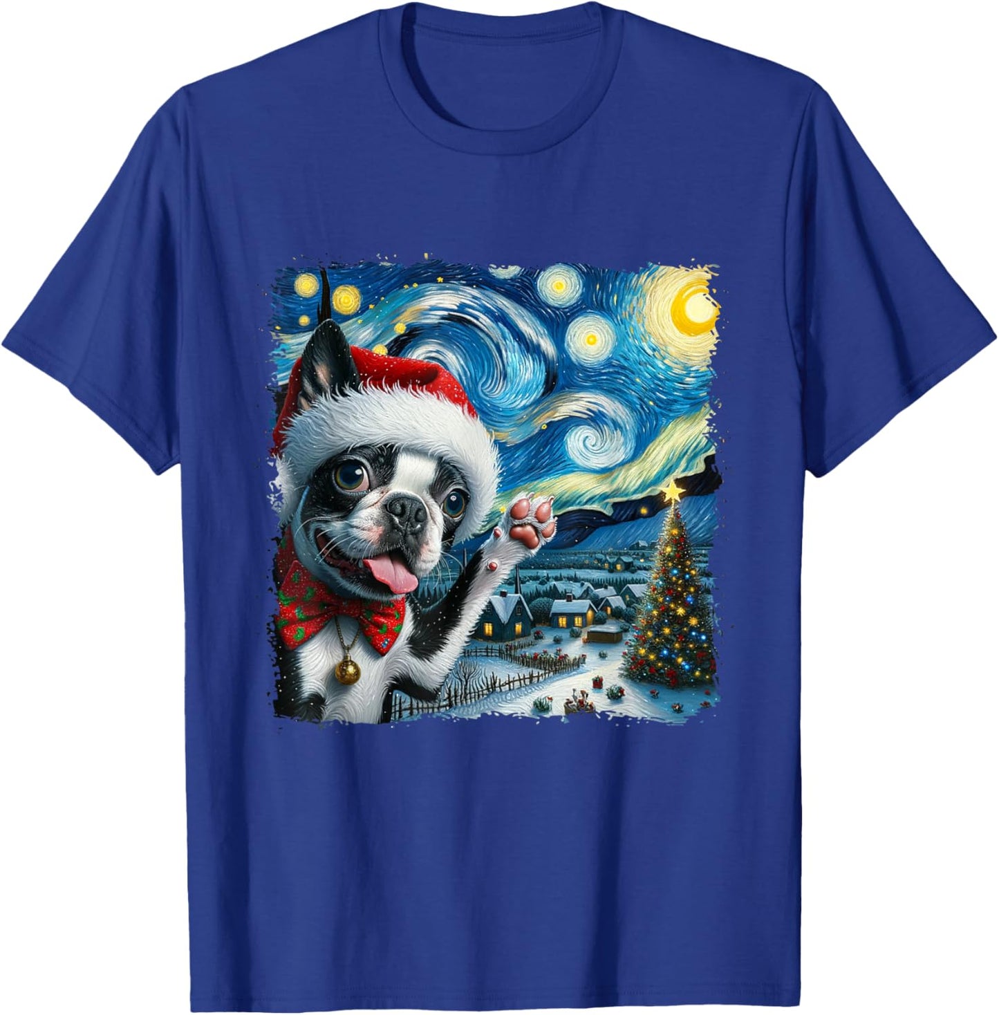 Boston Terrier Santa Starry Night Van Gogh Christmas Dog Men Women Kids T-Shirt - T-Shirt | Royal