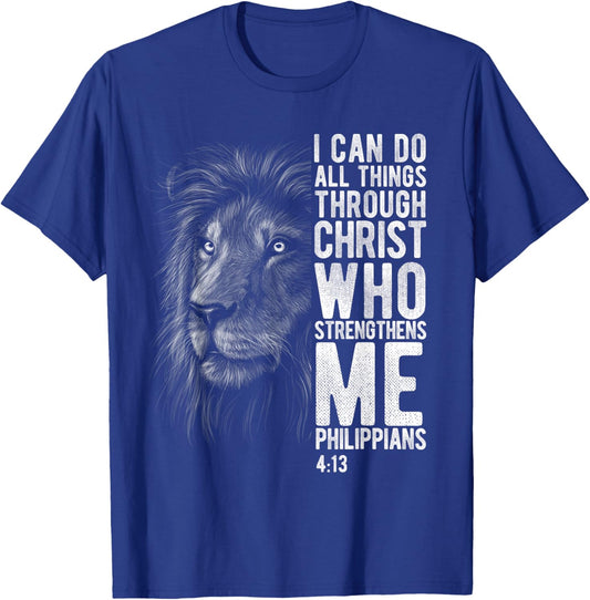 Christian I Can Do All Things Through Christ Lion Faith Gift T-Shirt - T-Shirt | Royal