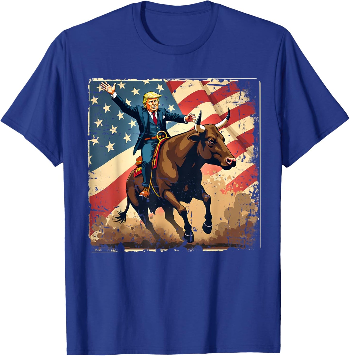 Trump Bull Rider American Flag USA Riding Rodeo Cowboy T-Shirt - T-Shirt | Royal