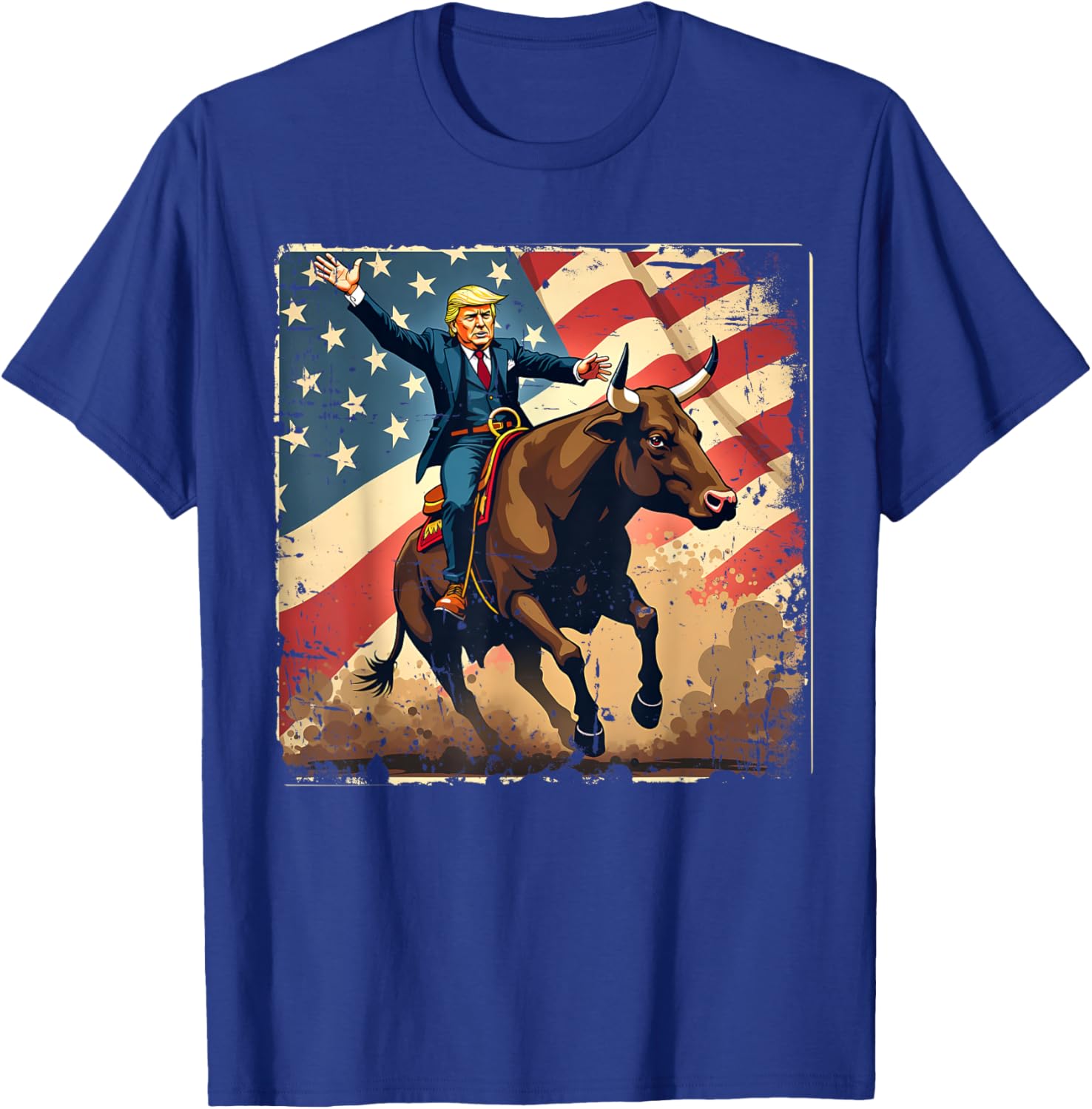 Trump Bull Rider American Flag USA Riding Rodeo Cowboy T-Shirt - T-Shirt | Royal