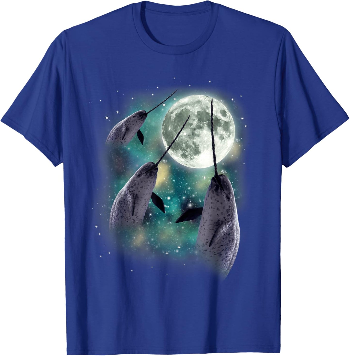 Three Narwhal Moon Arctic Sea 3 Whales Howling Parody T-Shirt - T-Shirt | Royal
