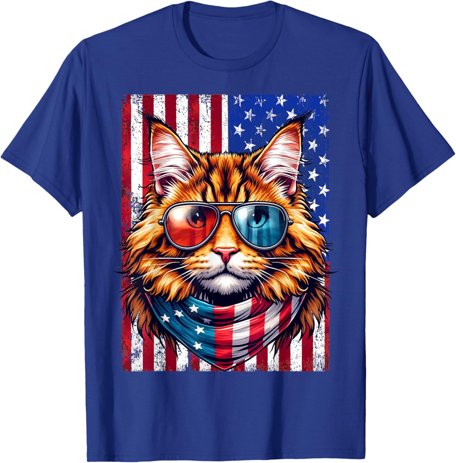 Maine Coon Wearing USA Flag Cat Lover Patriotic 4th of July T-Shirt - T-Shirt | Royal