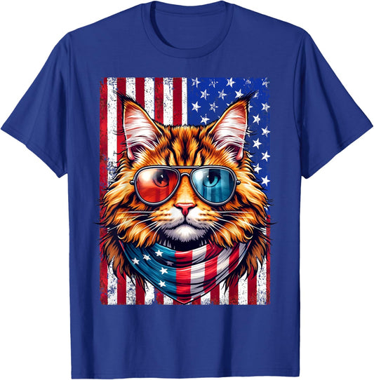 Maine Coon Wearing USA Flag Cat Lover Patriotic 4th of July T-Shirt - T-Shirt | Royal