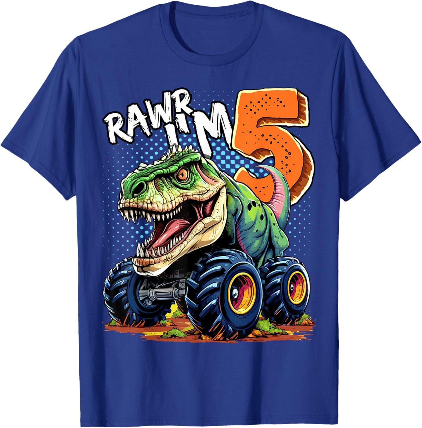 Monster Truck Dinosaur T-Rex 5th Birthday Boy 5 Year Old T-Shirt - T-Shirt | Royal