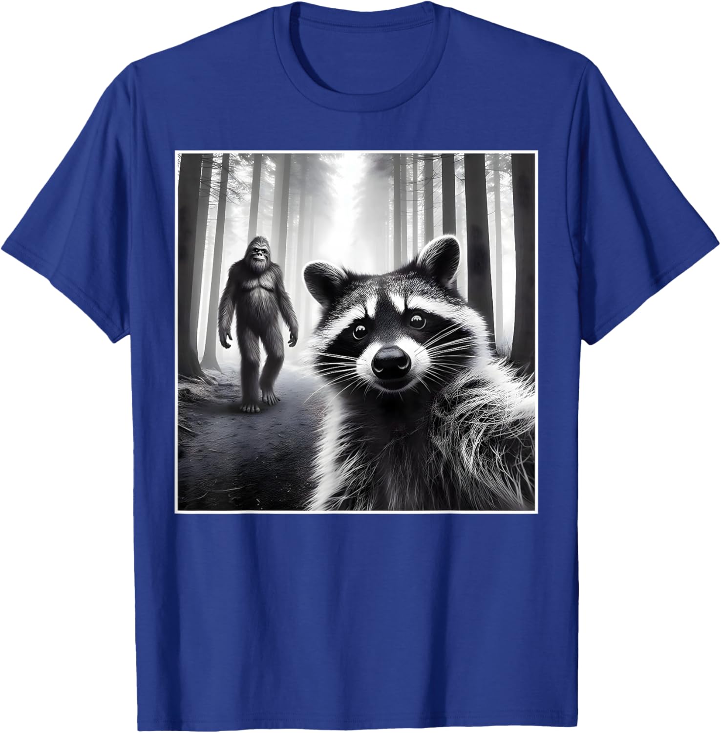 Scared Raccoon Selfie with Sasquatch Bigfoot Funny Raccoon T-Shirt - T-Shirt | Royal