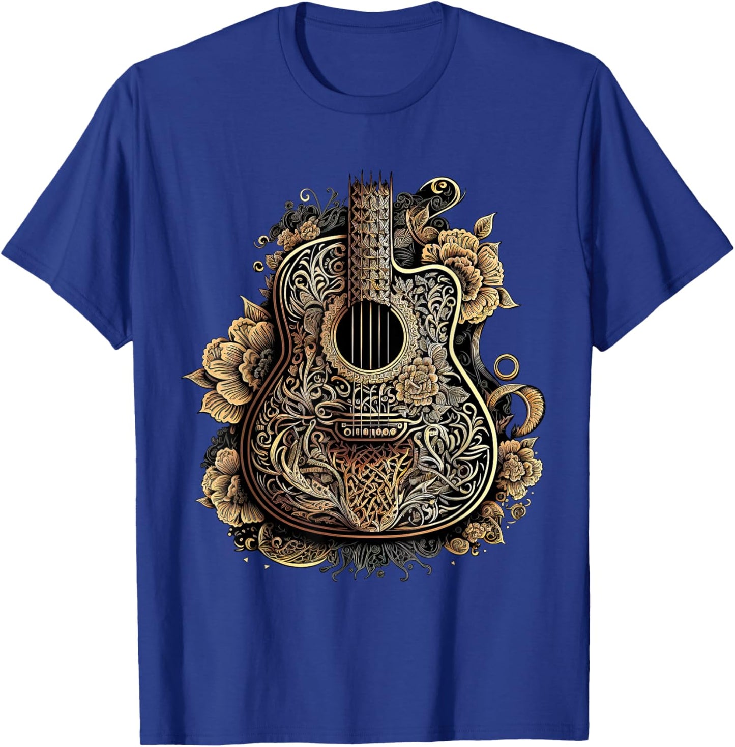 Guitar Graphic Music Lover - Acoustic Guitar Musician Floral T-Shirt - T-Shirt | Royal