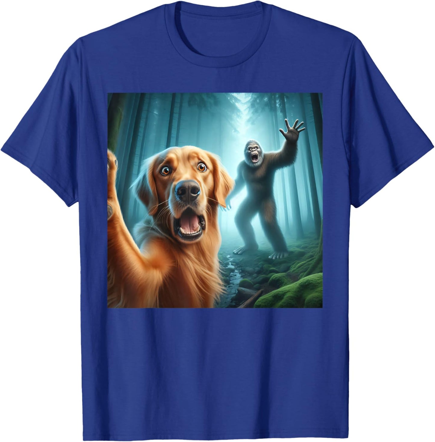 Golden retriever Selfie with bigfoot sasquatch T-Shirt - T-Shirt | Royal