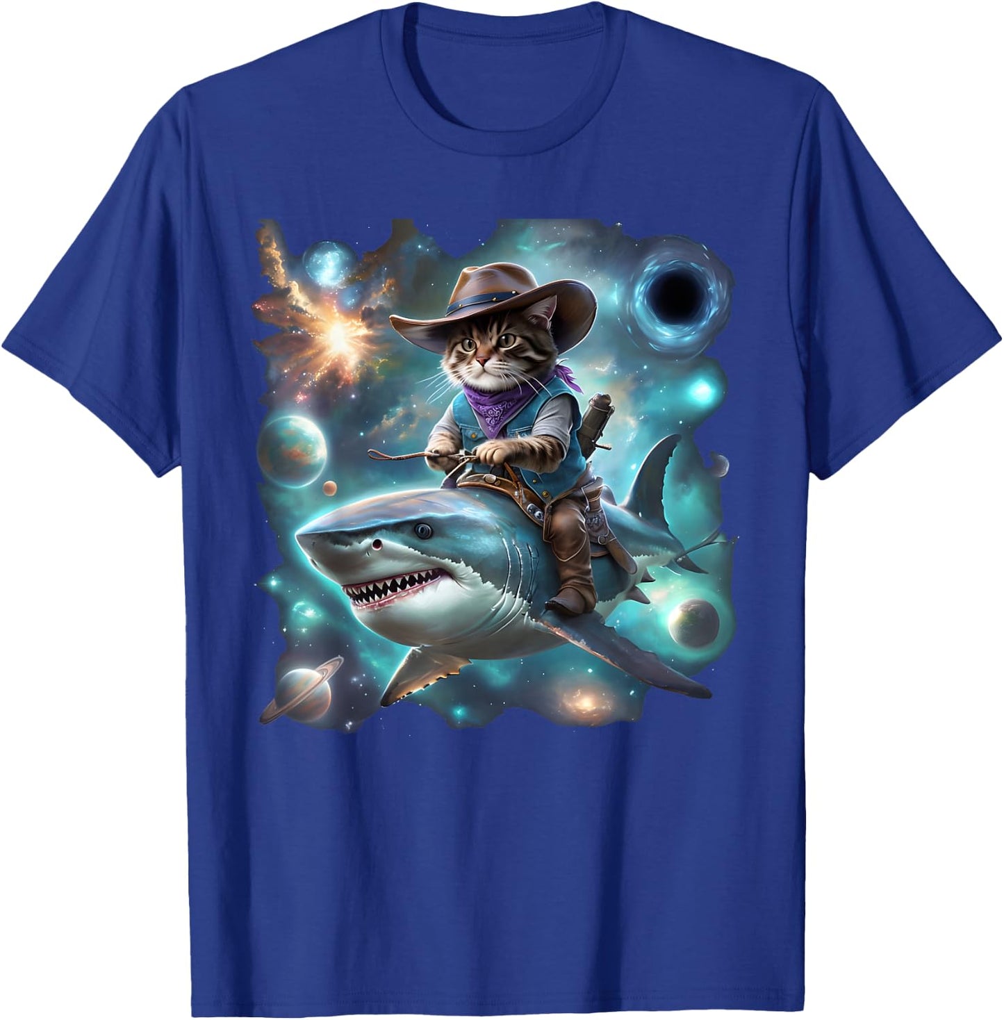 Cat Riding Shark Rainbow Galaxy Cat Cowboy Shark Humor T-Shirt - T-Shirt | Royal
