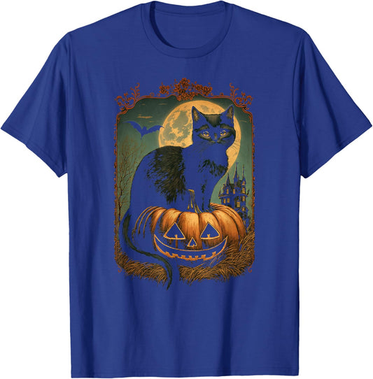 Black Cat Sitting On Jack-o-lantern On Halloween Night Women Kids T-Shirt - T-Shirt | Royal