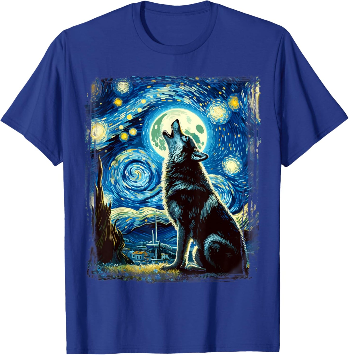 Wolf Star Gazer - Artistic Van Gogh Style Starry Night Wolf T-Shirt - T-Shirt | Royal