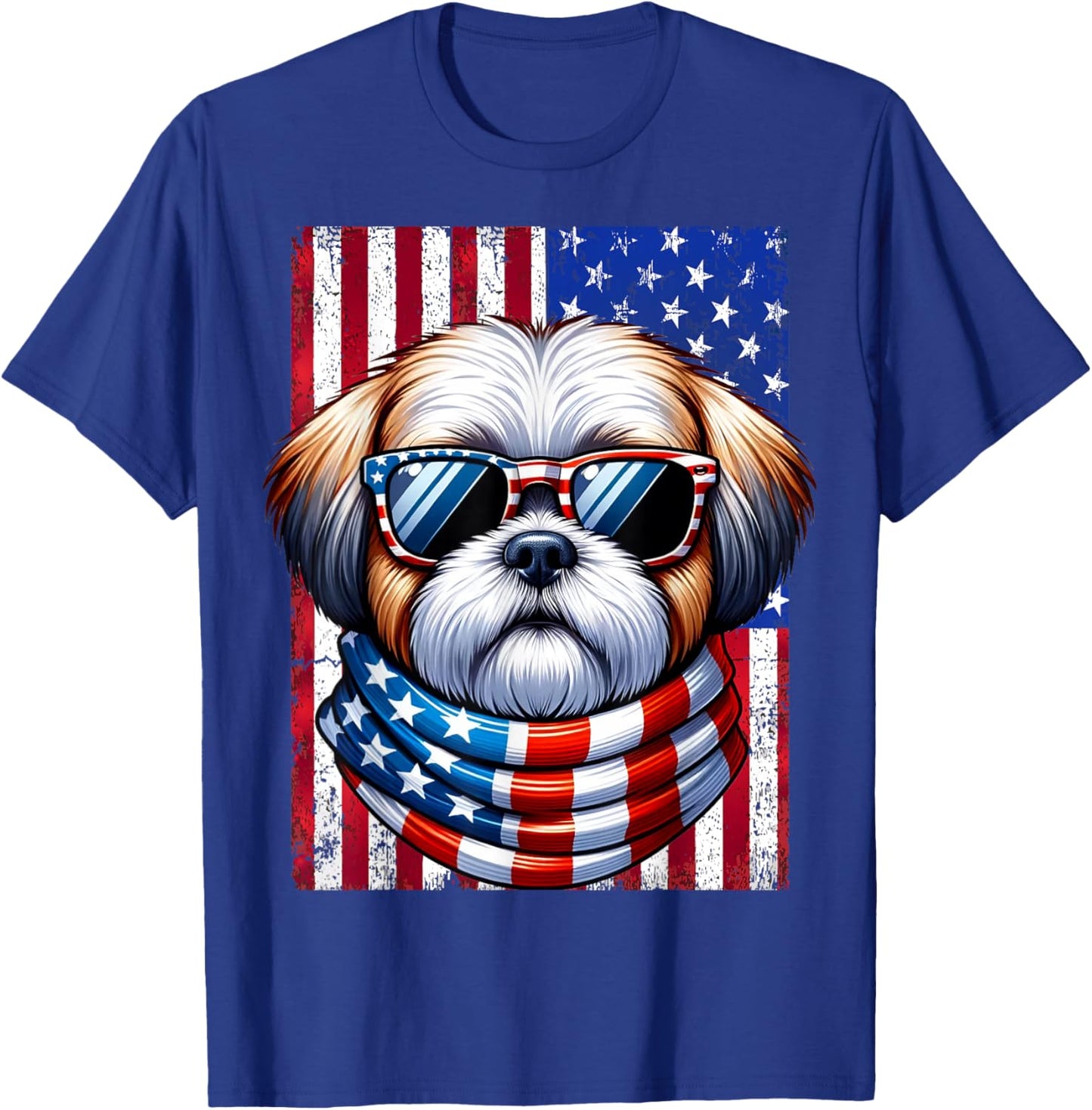 Shih Tzu Wearing American Flag 4th of July Patriotic Dog T-Shirt - T-Shirt | Royal