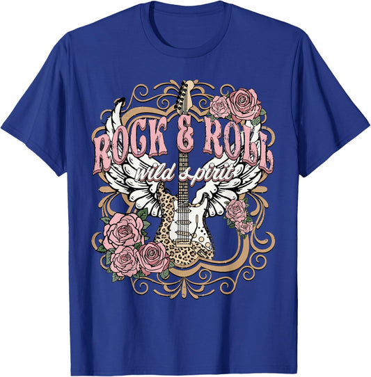 Vintage Rock n Roll Wild Spirit Lets Rock Guitar Floral T-Shirt - T-Shirt | Royal