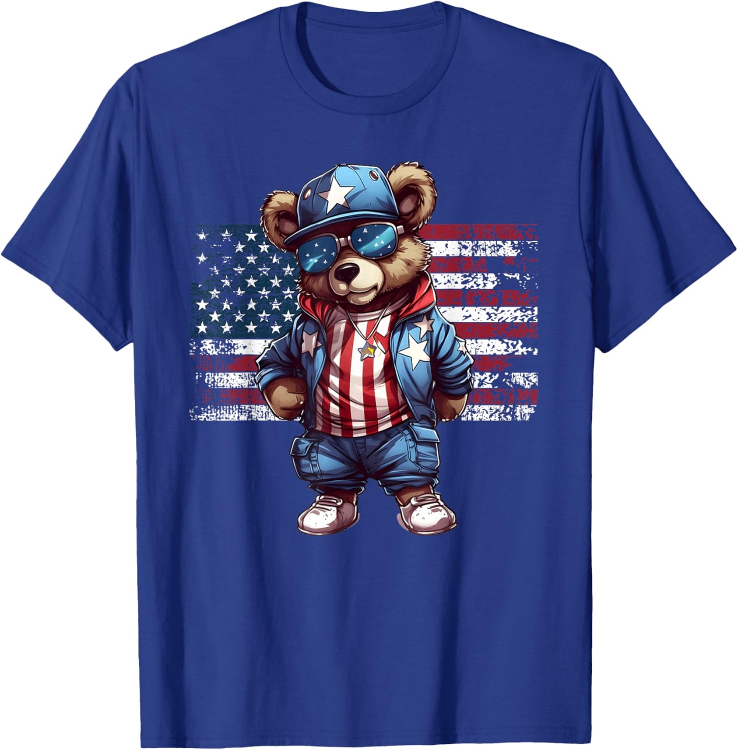 4th of July Hip Hop Teddy Bear USA Streetwear American Flag T-Shirt - T-Shirt | Royal