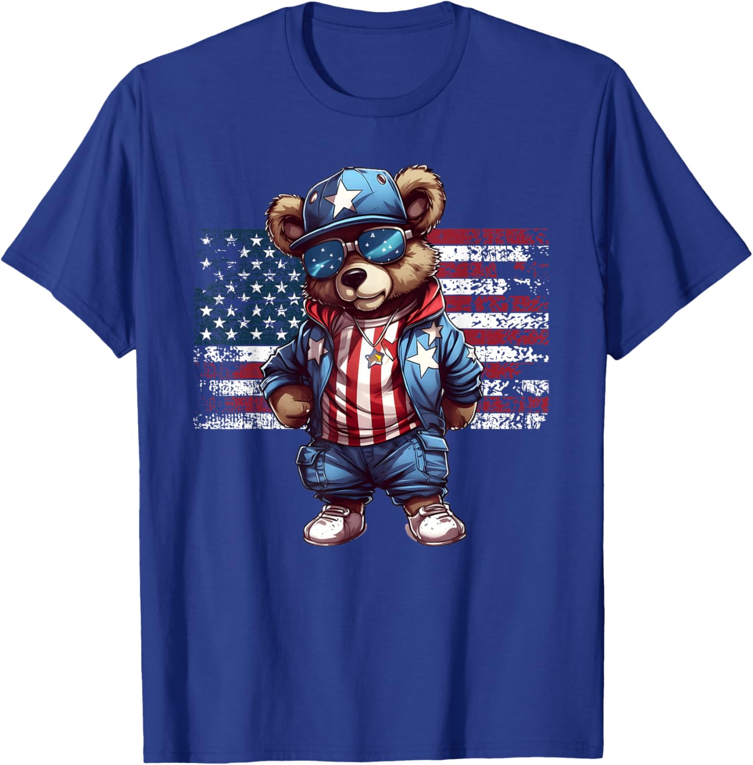 4th of July Hip Hop Teddy Bear USA Streetwear American Flag T-Shirt - T-Shirt | Royal