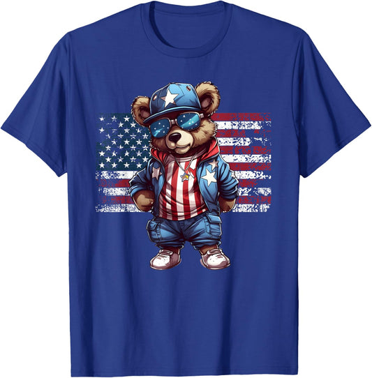 4th of July Hip Hop Teddy Bear USA Streetwear American Flag T-Shirt - T-Shirt | Royal