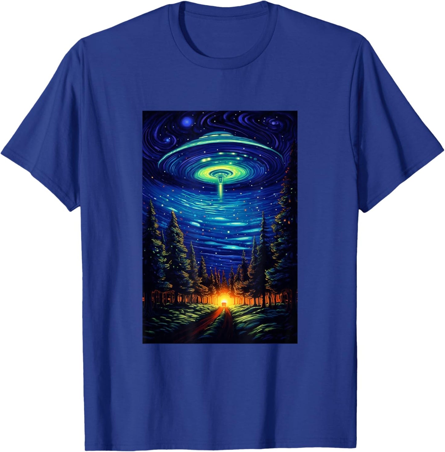 UFO Aliens Flying Saucer - Van Gogh Style - Starry Night T-Shirt - T-Shirt | Royal