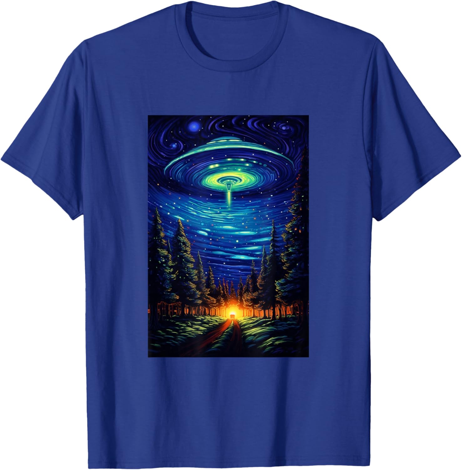 UFO Aliens Flying Saucer - Van Gogh Style - Starry Night T-Shirt - T-Shirt | Royal