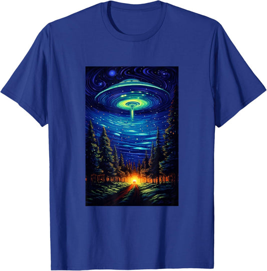 UFO Aliens Flying Saucer - Van Gogh Style - Starry Night T-Shirt - T-Shirt | Royal