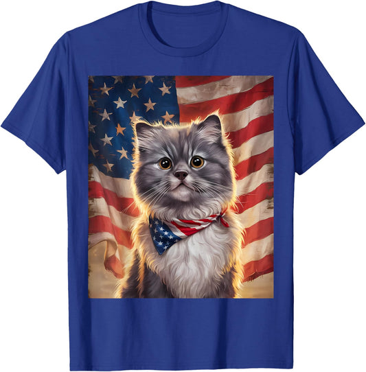 Cute Fluffy Gray Cat American Flag Independence Day T-Shirt - T-Shirt | Royal