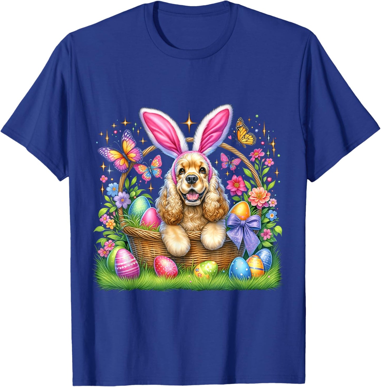 Cute Bunny Cocker Spaniel Dog Easter Eggs Basket Easter Day Men Women Girls Kids T-Shirt - T-Shirt | Royal