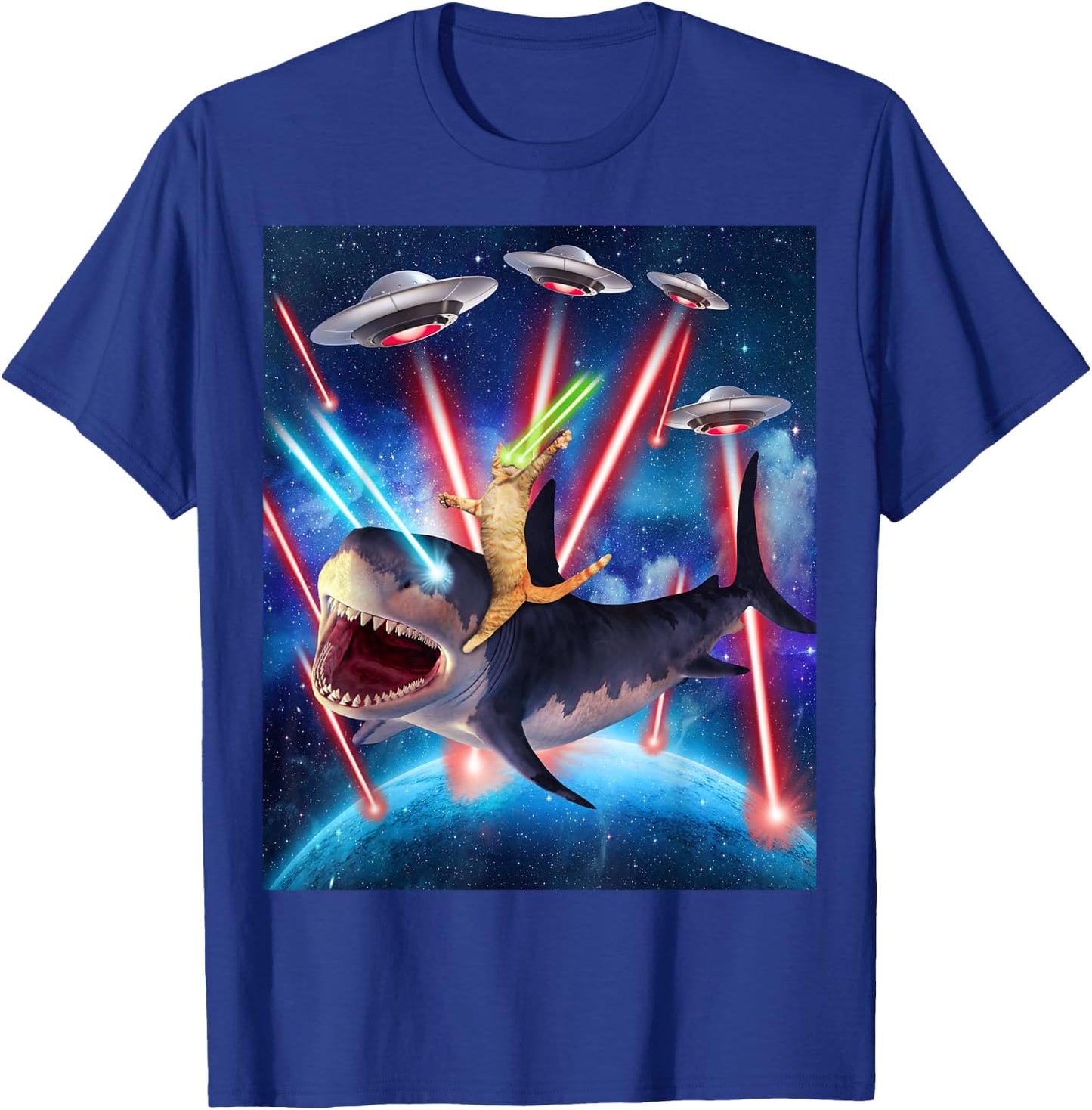 Space Cat Riding Shark Laser Eyes UFO Funny Kitty Cat Women Girls Kids T-Shirt - T-Shirt | Royal