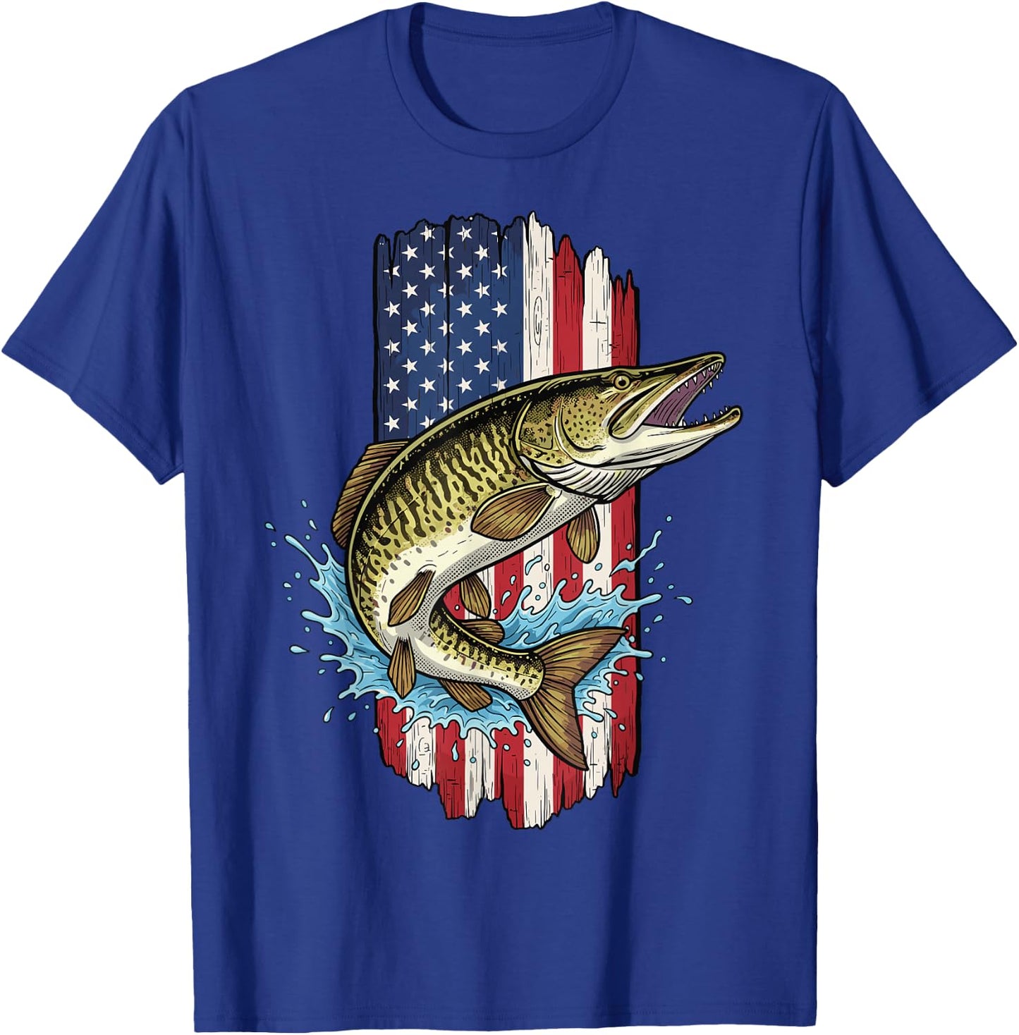 Musky Fishing, American Flag with Musky T-Shirt - T-Shirt | Royal