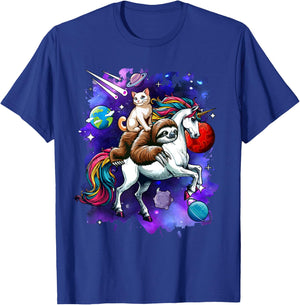 Cat And Sloth Riding Unicorn In Space Costume Galaxy Women Kids T-Shirt - T-Shirt | Royal