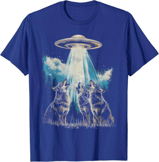 Howling Wolves Alien Abduction Wolf Vintage Sci-fi UFO T-Shirt - T-Shirt | Royal