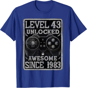 Level 43 Unlocked Awesome Since 1983 43rd Birthday Gaming T-Shirt - T-Shirt | Royal