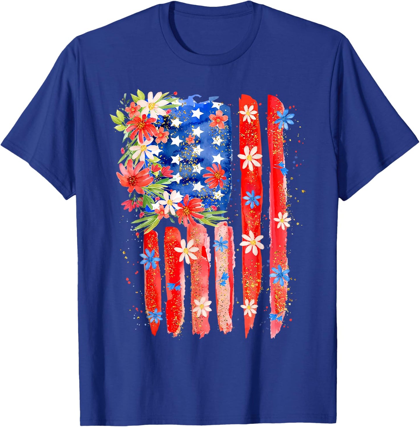 Flower Brushstroke US Flag 4th Of July Patriotic Graphic T-Shirt - T-Shirt | Royal