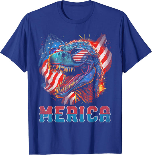 T Rex Dinosaur 4th of July American Flag USA America Funny Kids Men T-Shirt - T-Shirt | Royal