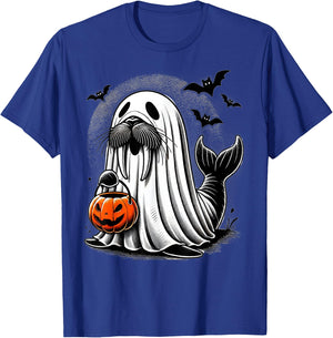 Funny Halloween Seal Ghost Costume Walrus Holding Pumpkin T-Shirt - T-Shirt | Royal
